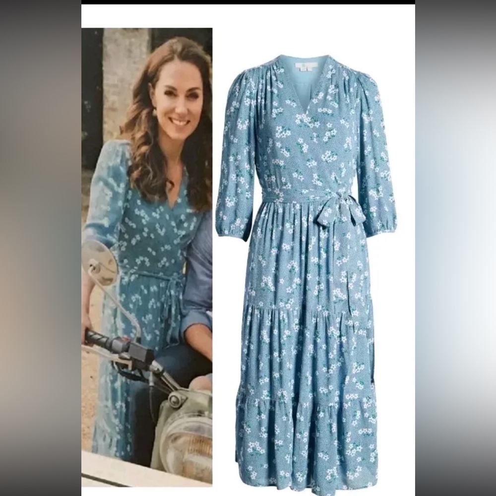 Boden Aurora Midi Wrap Dress Heron Blue Daisy Floral Size US12 Kate Middleton